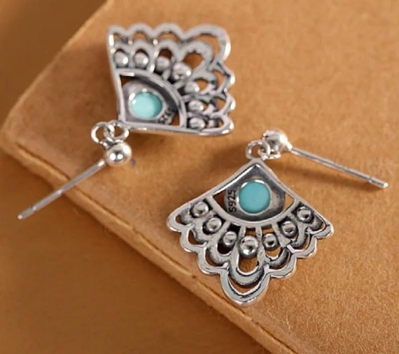 Vintage Style Turquoise Drop Earrings, 925 Sterling Silver, Peacock Tail Fan Design, Bohemian Dangle Statement Jewelry for Women