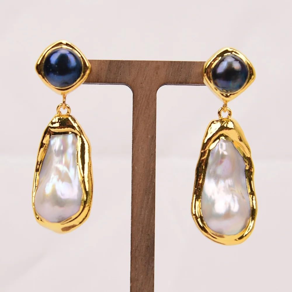 Elegant Baroque Pearl Drop Earrings, Gold-Plated with Black Pearl Studs, Freshwater Cultured White Pearl Dangle Design