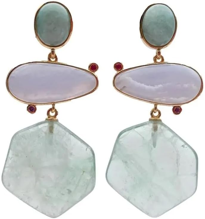 23x25mm Hexagon Shape Green Amethyst prasiolite Amazonite Lace Agate Dangle Stud Earrings
