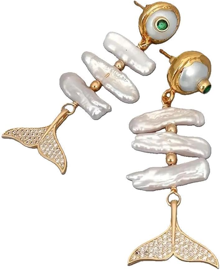 Elegant Pearl Drop Earrings, White Biwa Freshwater Cultured Pearl with CZ Pave Mermaid Tail, Gold Plated Stud Design