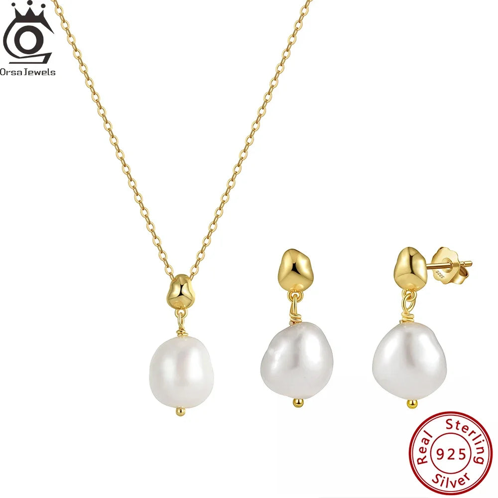 925 Sterling Silver Freshwater Pearl Jewelry Set Piercing Drop Earrings Gold Plated Necklace