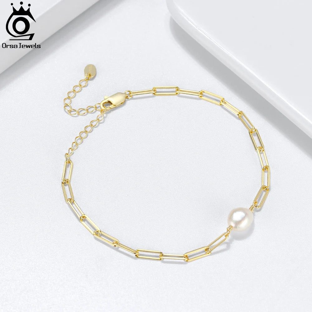 925 Sterling Silver Natural Freshwater Pearl with Paperclip Vintage Chunky Link Chain Bracelet