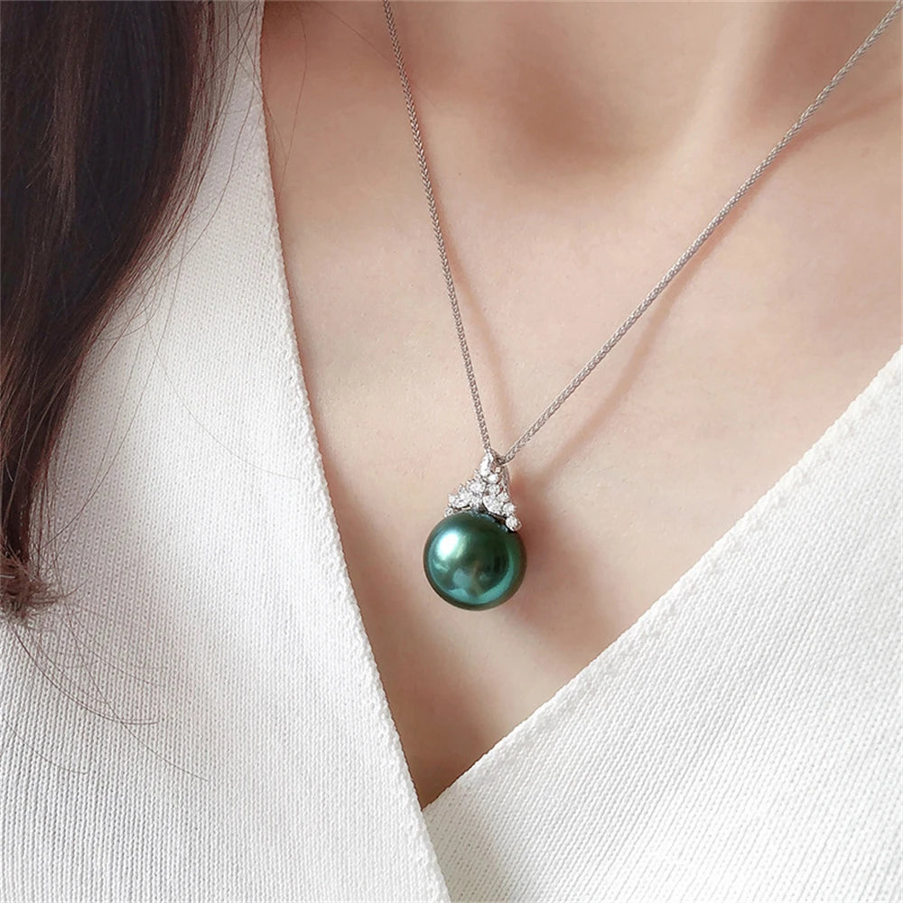 S925 Silver Inlaid Zircon Imitation Tahitian Dark Green Pearl Necklace
