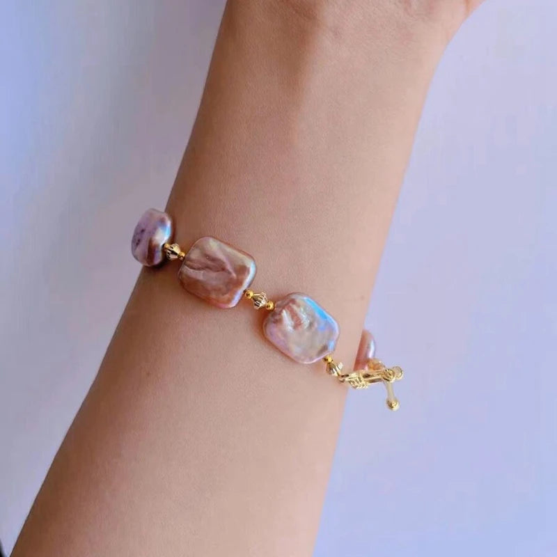 Natural Freshwater 15-20mm Colorful Pink Purple Baroque Sugar Pearl Bracelet