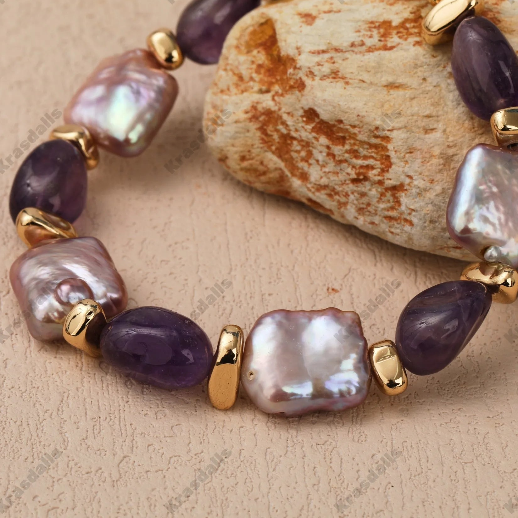 18K Gold Plated Natural Baroque Purple Rectangular Pearl Bracelet With Amethyst and Hematite Cute Vintage Styl