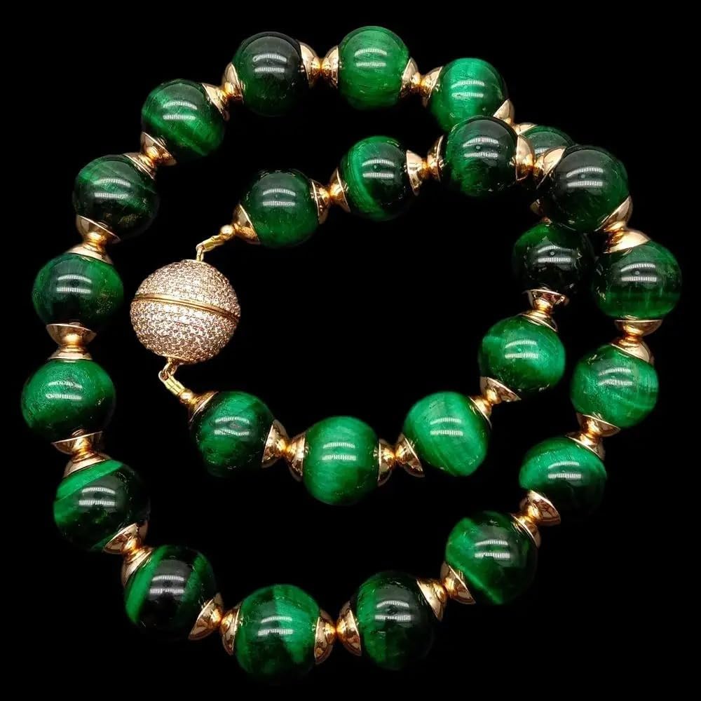 Green Tiger's Eye Beaded Choker Necklace, 14mm Round Beads, 18.5 Inches, Gold-Tone Magnetic CZ Clasp