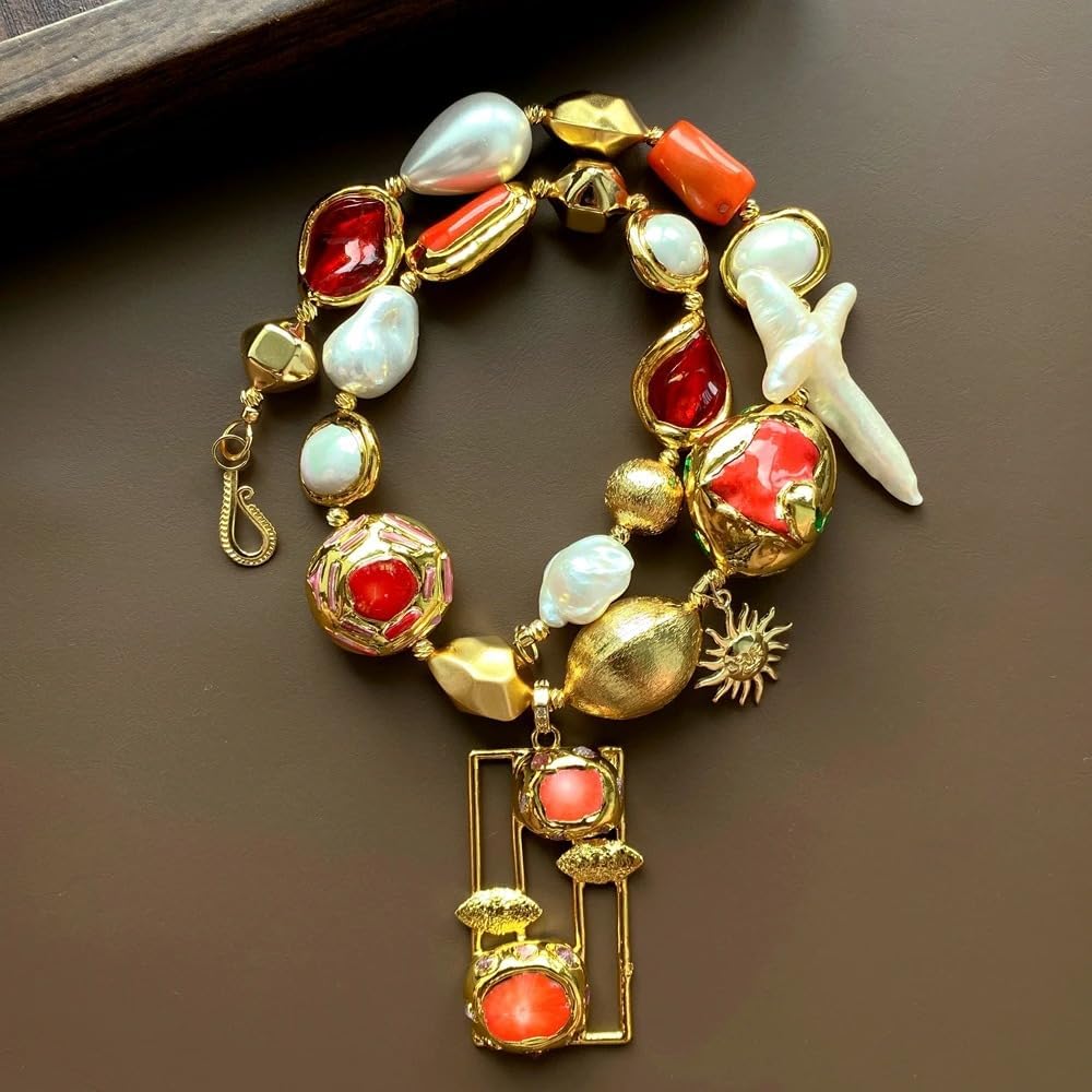 Vintage Baroque Pearl Mixed Gemstone Beaded Necklace Gold Plated