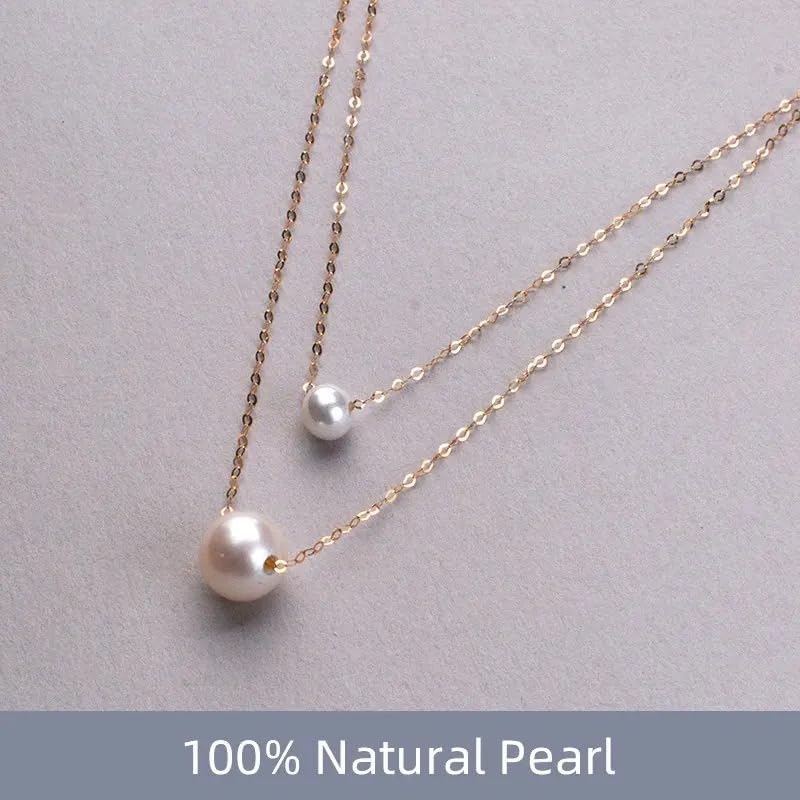 Pure 18K Gold Natural Freshwater Pearl Double Pendant Necklace