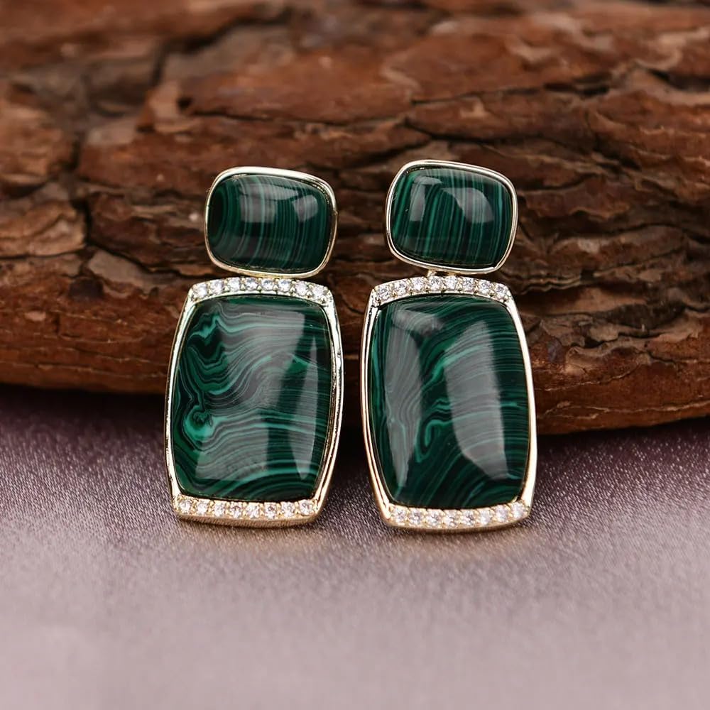 Sterling Silver Vintage Malachite Dangle Earrings, Green Natural Stone with Zircon Paved, 20x23mm, Gold Plated Rectangular Stud