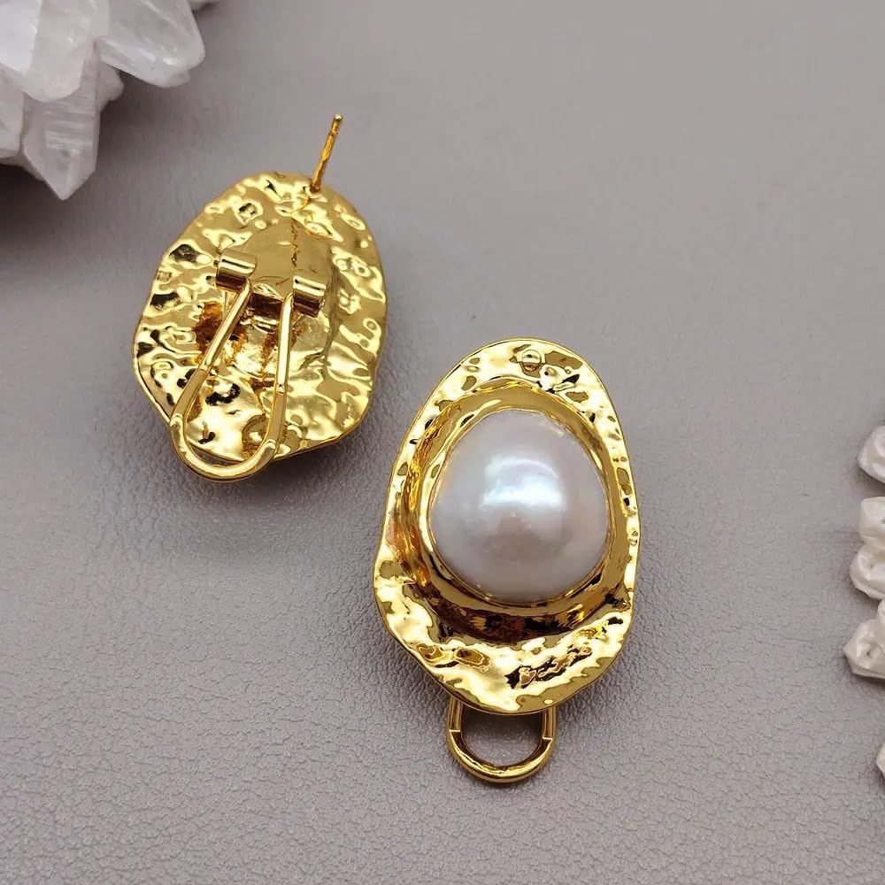 Elegant Freshwater Baroque Pearl Stud Earrings, Gold-Tone Hammered Frame, White Cultured Pearl, Wedding Jewelry