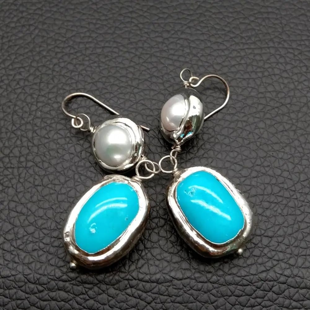 Cultured White Pearl Blue Turquoise Gold Plated 925 Silver Hook Dangle Earrings