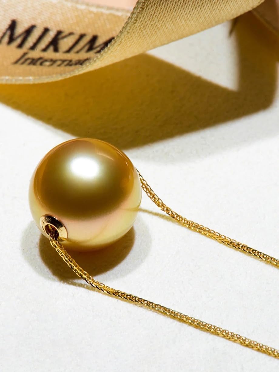 Natural South Sea Pearl Pendant Necklace, 13-14mm Golden Pearl, 18K AU750 Gold Chopin Chain