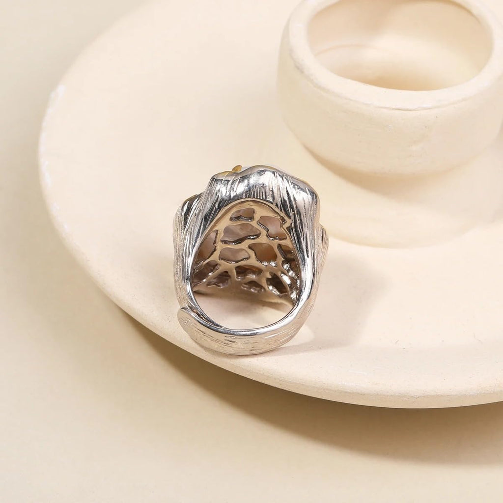 S925 Sterling Silver Baroque Pearl Ring, Natural Freshwater Pearl, Two-Tone Silver Gold, Irregular Pattern
