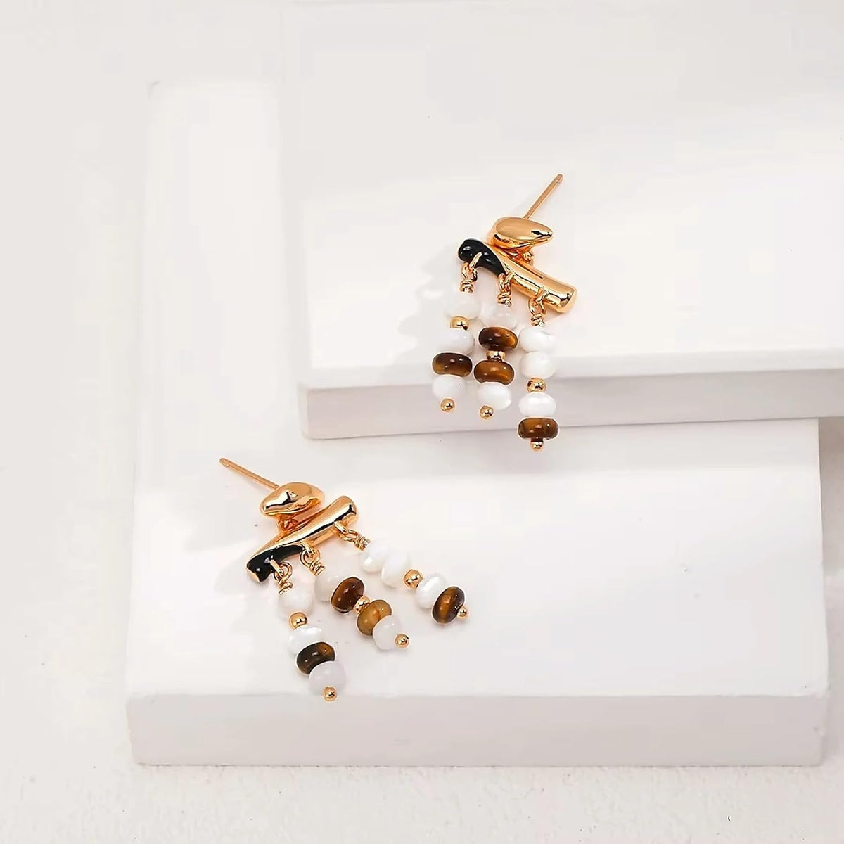 S925 Silver Tiger's Eye Stone Mother of Pearl Tri Tassels Drop Earrings