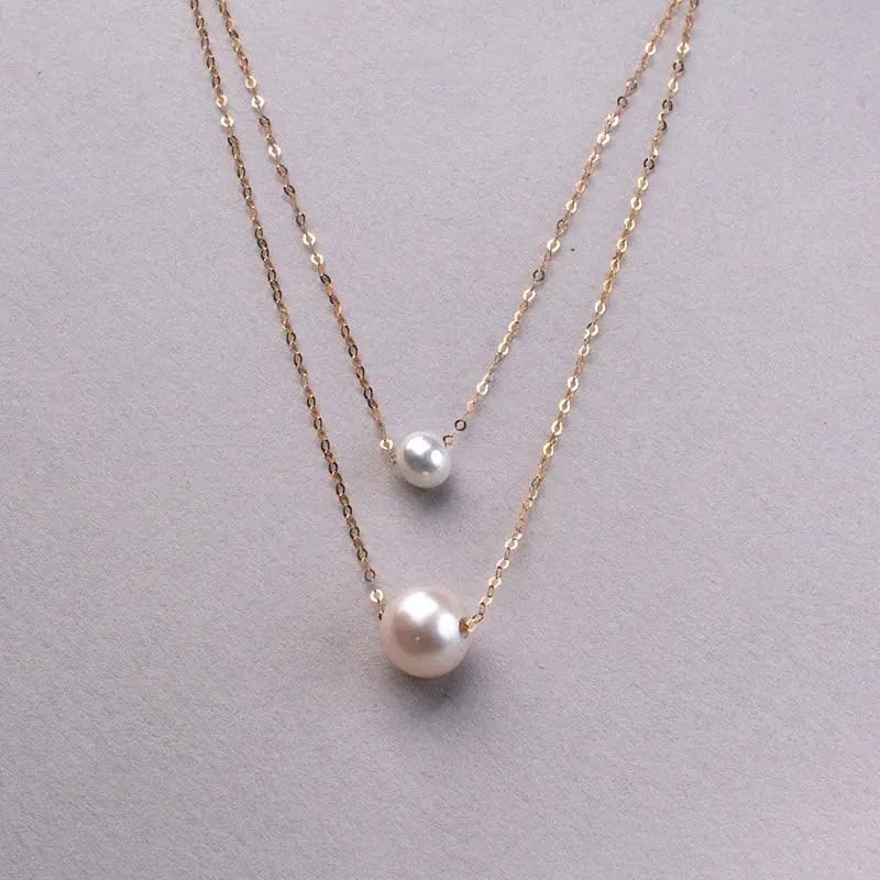 Pure 18K Gold Natural Freshwater Pearl Double Pendant Necklace