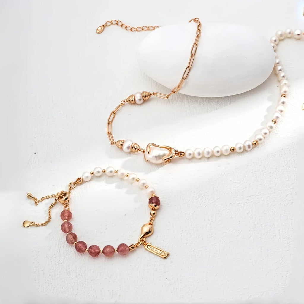 Pearl Moss Agate Strawberry Quartz S925 Silver Beaded Bracelet
