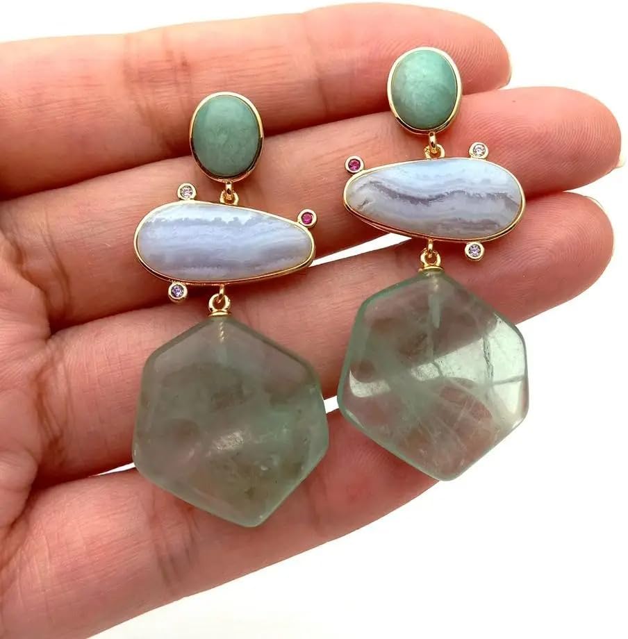 23x25mm Hexagon Shape Green Amethyst prasiolite Amazonite Lace Agate Dangle Stud Earrings
