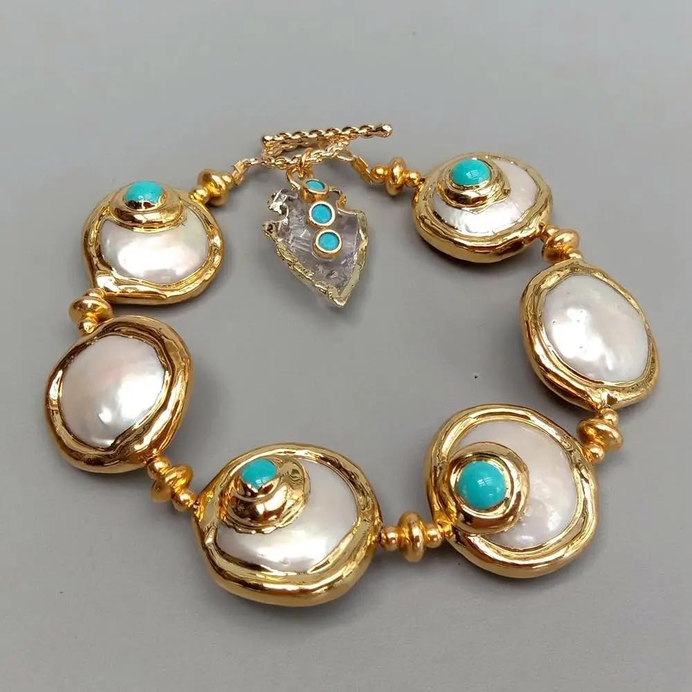Pearl and Turquoise Crystal Bracelet, Gold-Tone Links with White Quartz Arrowhead Charm