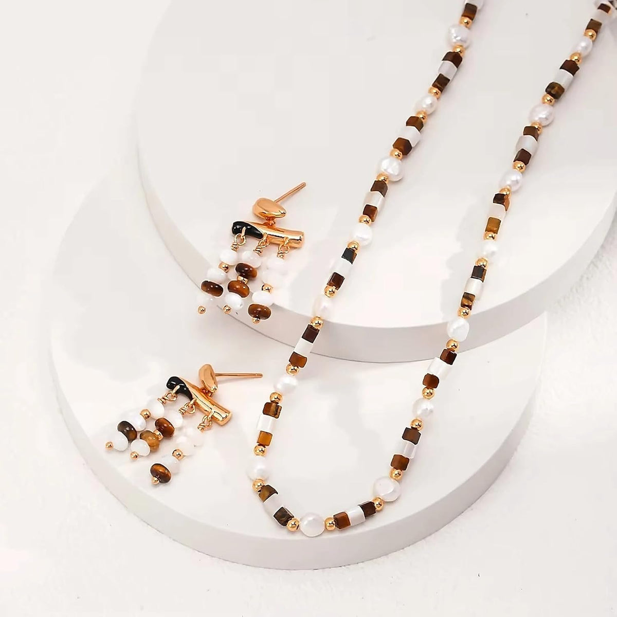 S925 Silver Tiger's Eye Stone Mother of Pearl Tri Tassels Drop Earrings