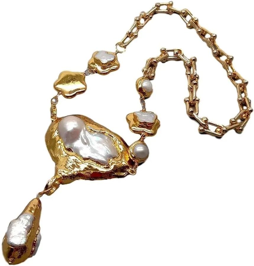 Generic Cultured White Keshi Flower Pearl Chain Necklace, Golden