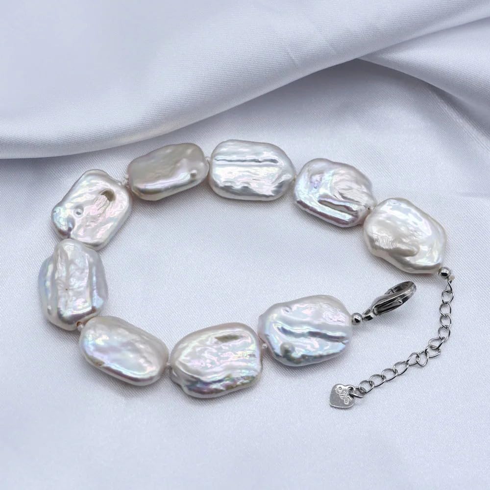 Natural Freshwater Baroque Pearl Bracelet, White Rectangular Pearls, Adjustable Chain