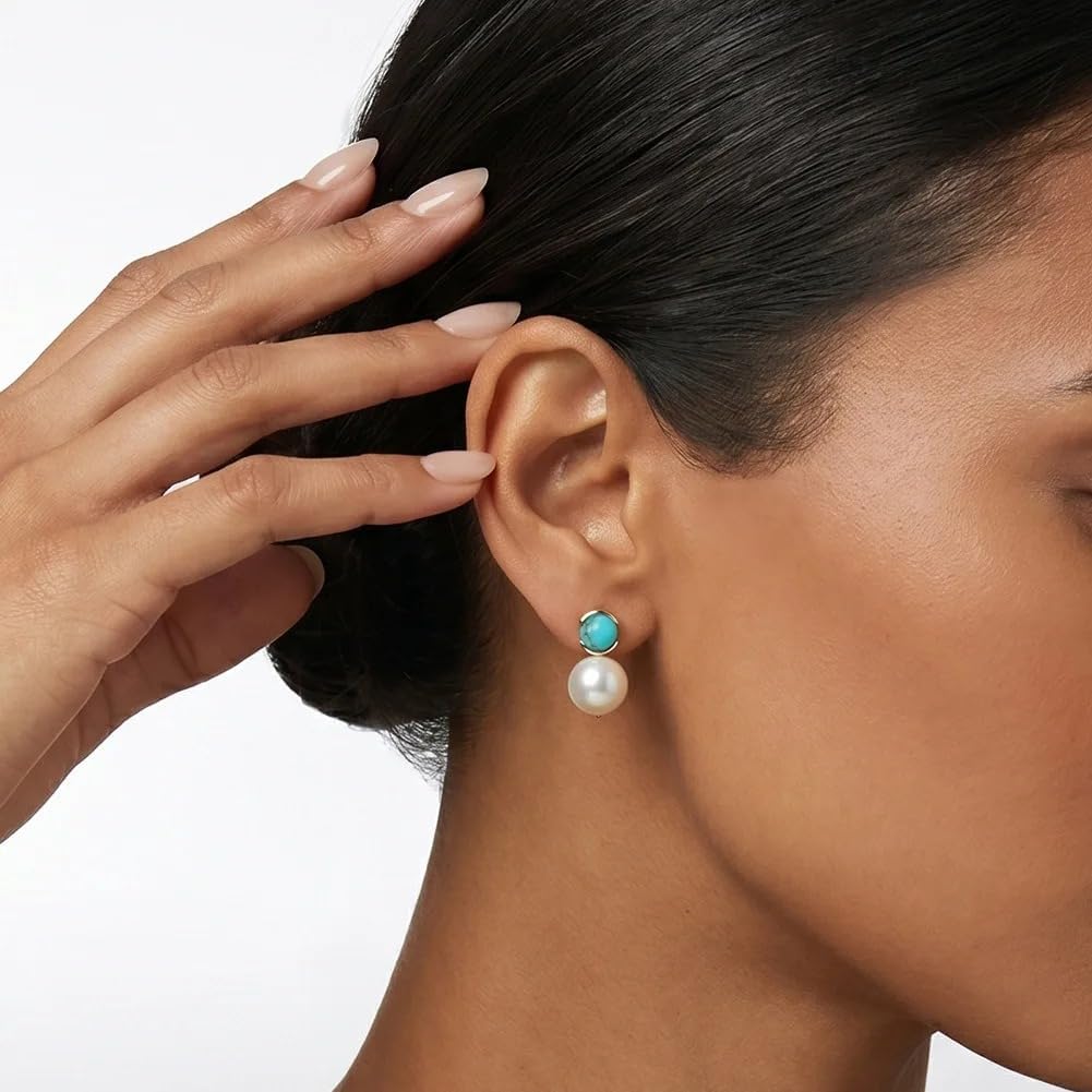 Big Pearl Ball Charm Round Turquoise 925 Sterling Silver Stud Earrings