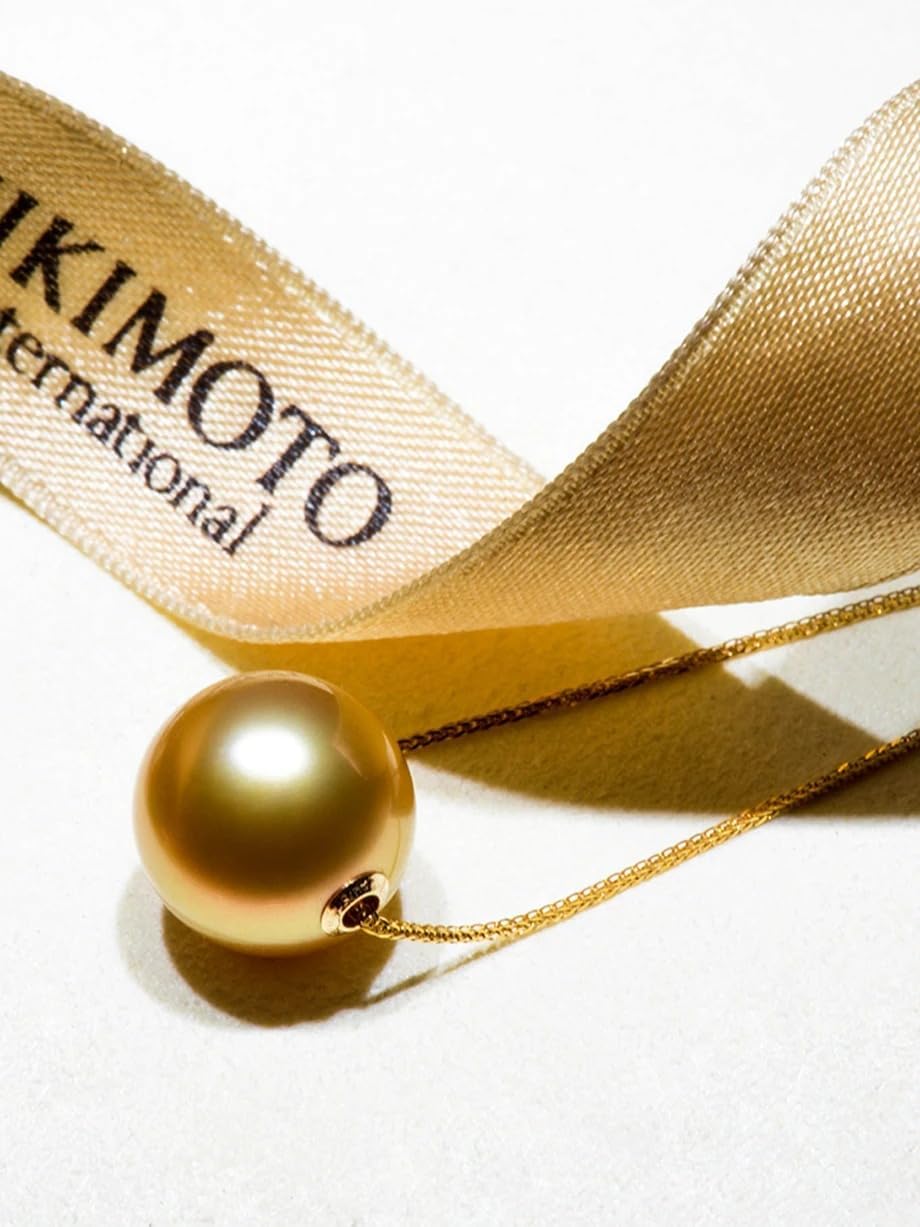 Natural South Sea Pearl Pendant Necklace, 13-14mm Golden Pearl, 18K AU750 Gold Chopin Chain