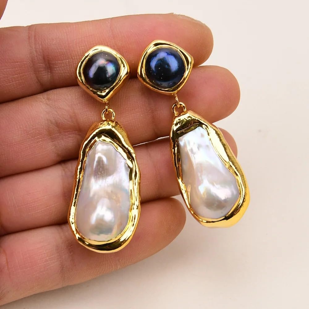 Elegant Baroque Pearl Drop Earrings, Gold-Plated with Black Pearl Studs, Freshwater Cultured White Pearl Dangle Design