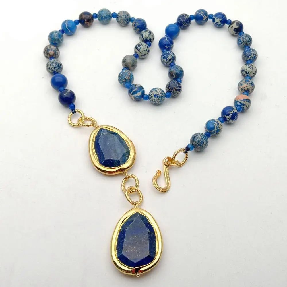 Natural Blue Sea Sediment Jasper Lapis Chunk Pendant Necklace | Round Shape, Natural Stone, Sea Sediment Jasper, Blue Lapis, Pendant Style
