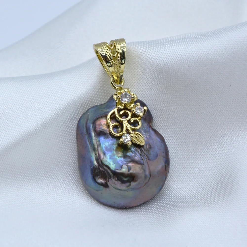 Black Baroque Pearl Pendant, 24mm Natural Freshwater Pearl, Gold-Plated Sterling Silver with Zircon Stones