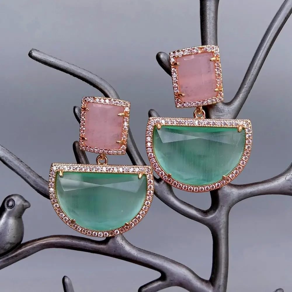 Elegant Geometric Dangle Earrings, Rose Gold Plated, Green and Pink Cat Eye, Semi-Circle Design, 8x26mm, Fashion Statement Jewelry