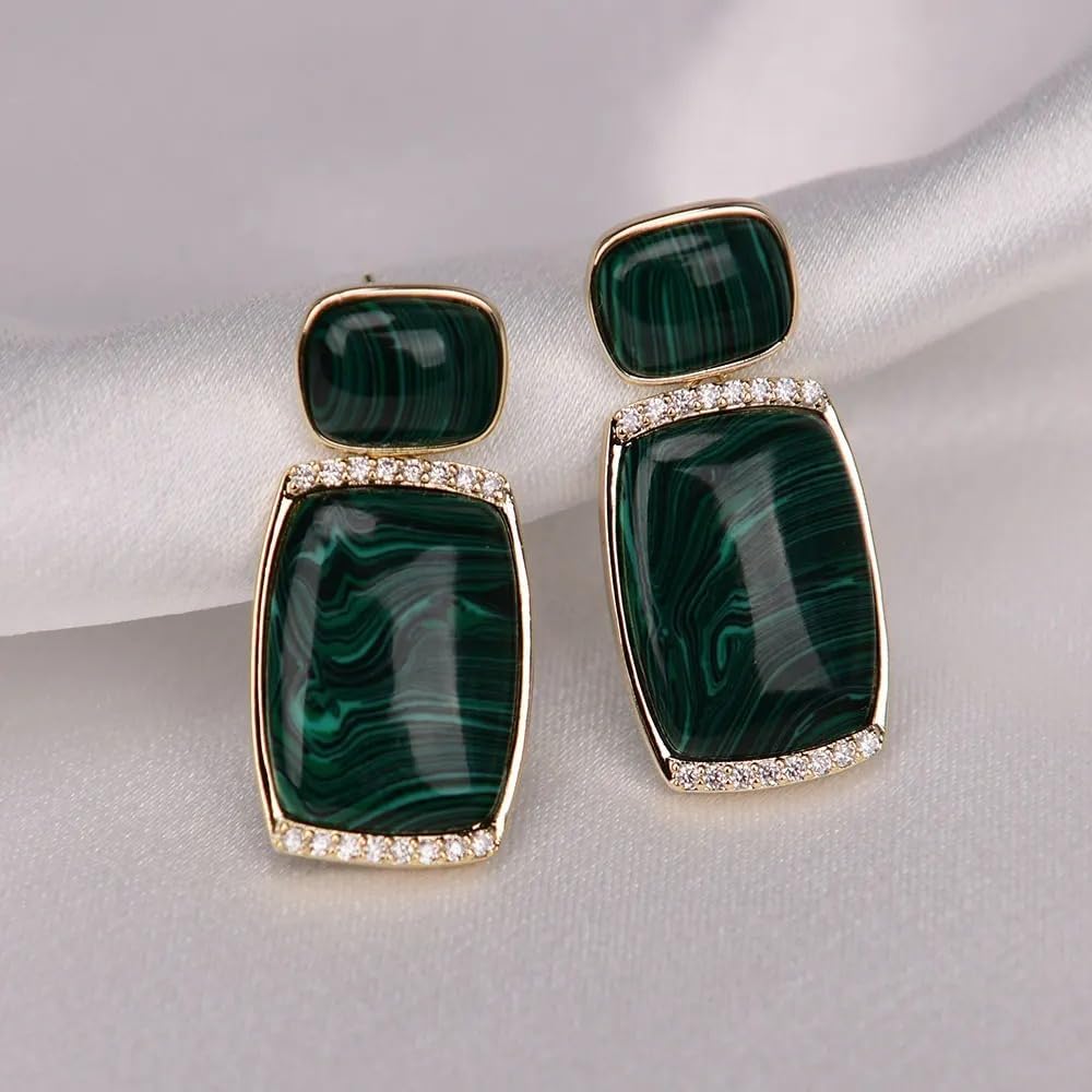 Sterling Silver Vintage Malachite Dangle Earrings, Green Natural Stone with Zircon Paved, 20x23mm, Gold Plated Rectangular Stud