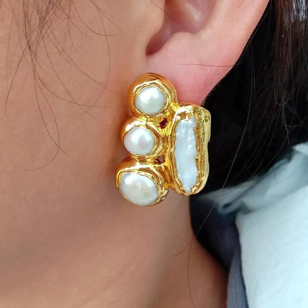 Gold Plated Cultured White Pearl Chunky Stud Earrings for Women