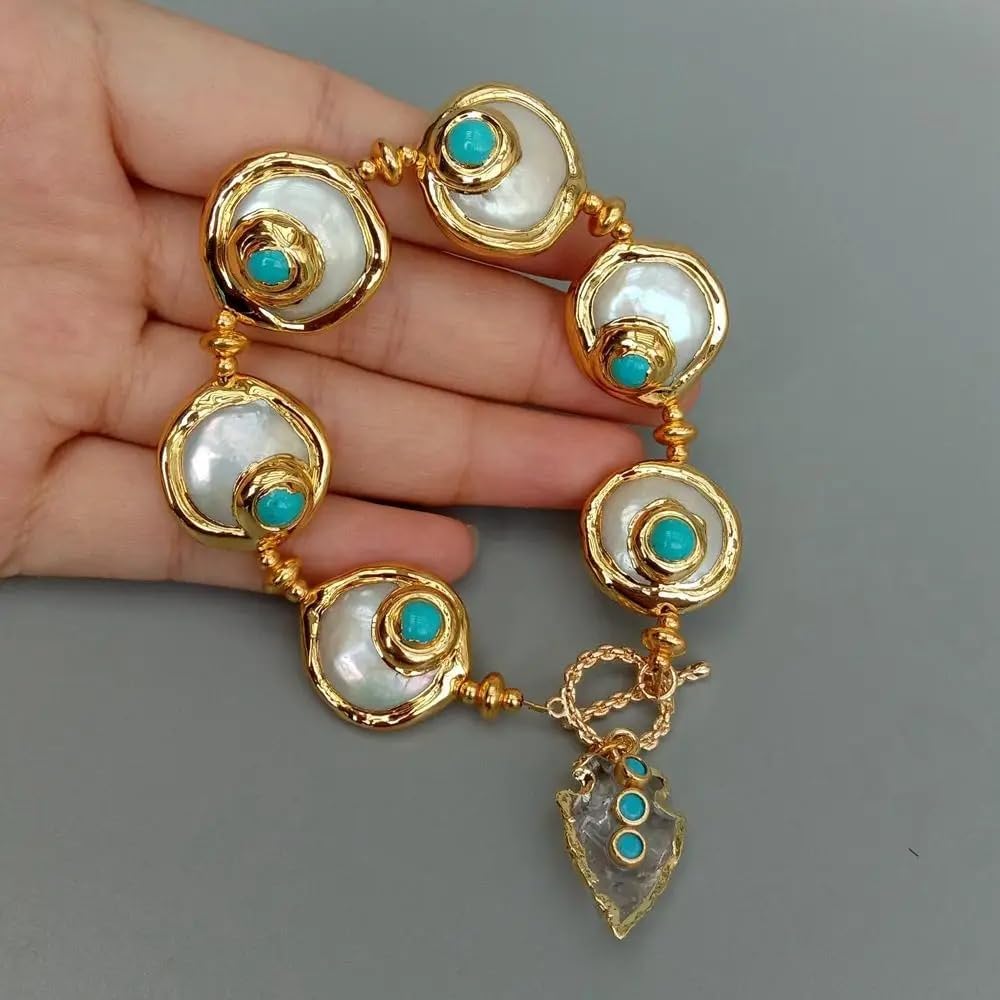 Pearl and Turquoise Crystal Bracelet, Gold-Tone Links with White Quartz Arrowhead Charm