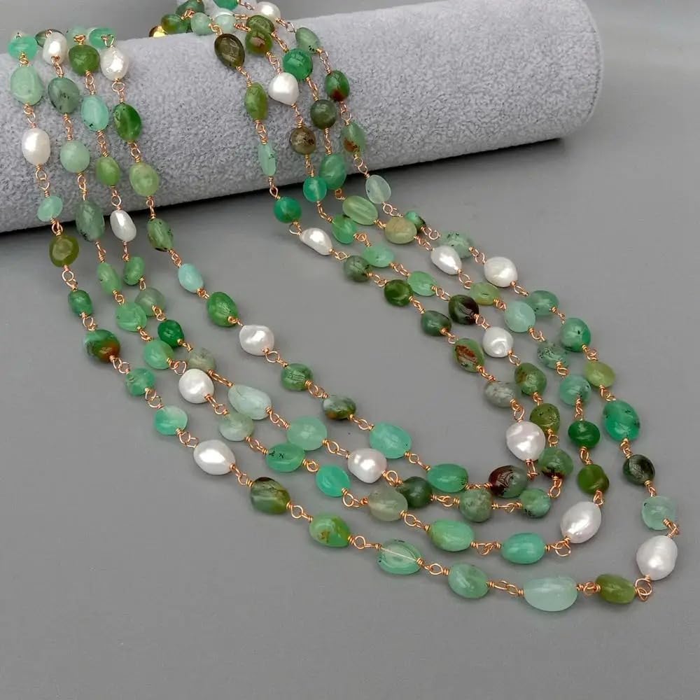 Green Chrysoprase freeform Cultured White Rice Pearl Necklace