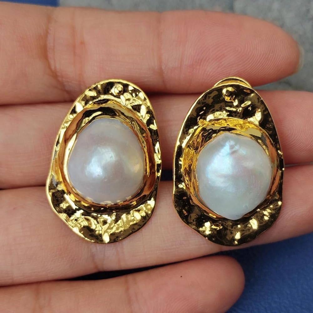 Elegant Freshwater Baroque Pearl Stud Earrings, Gold-Tone Hammered Frame, White Cultured Pearl, Wedding Jewelry