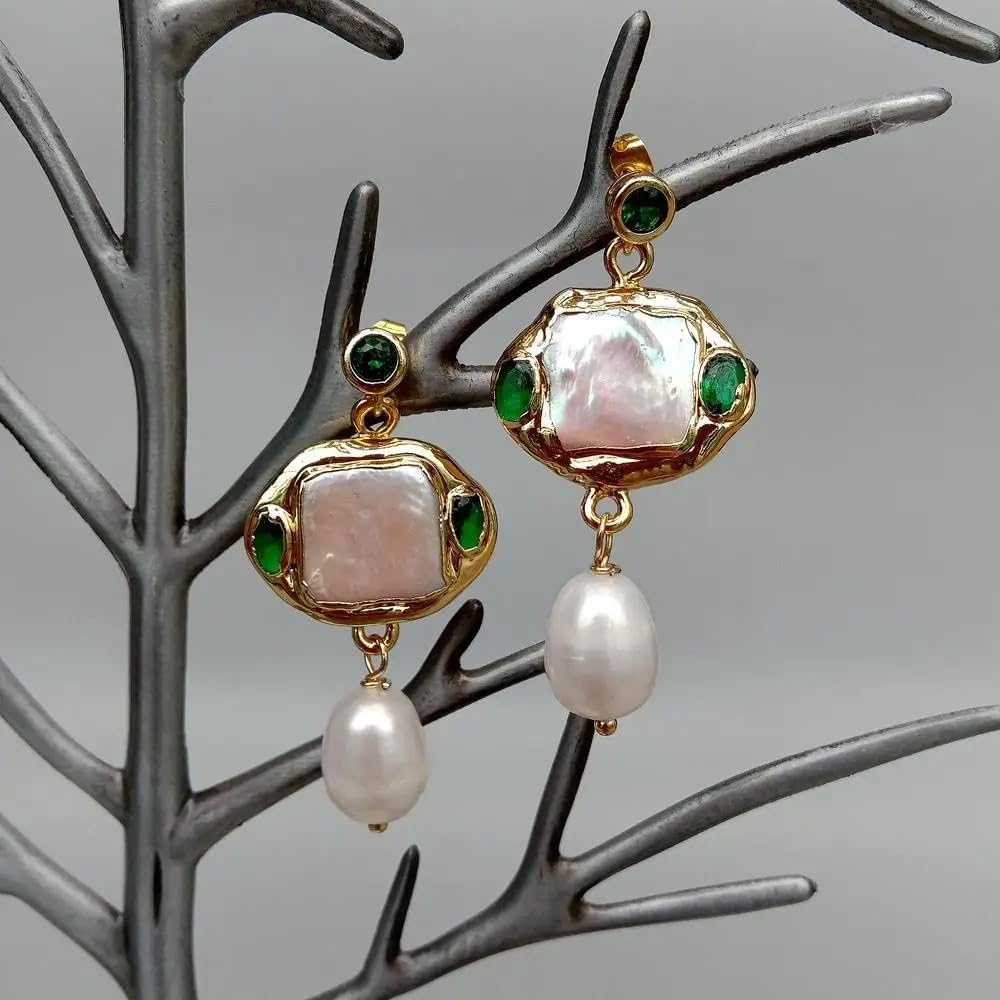 Freshwater Cultured White Square Pearl Rice Pearl Green Crystal Dangle Stud Earrings