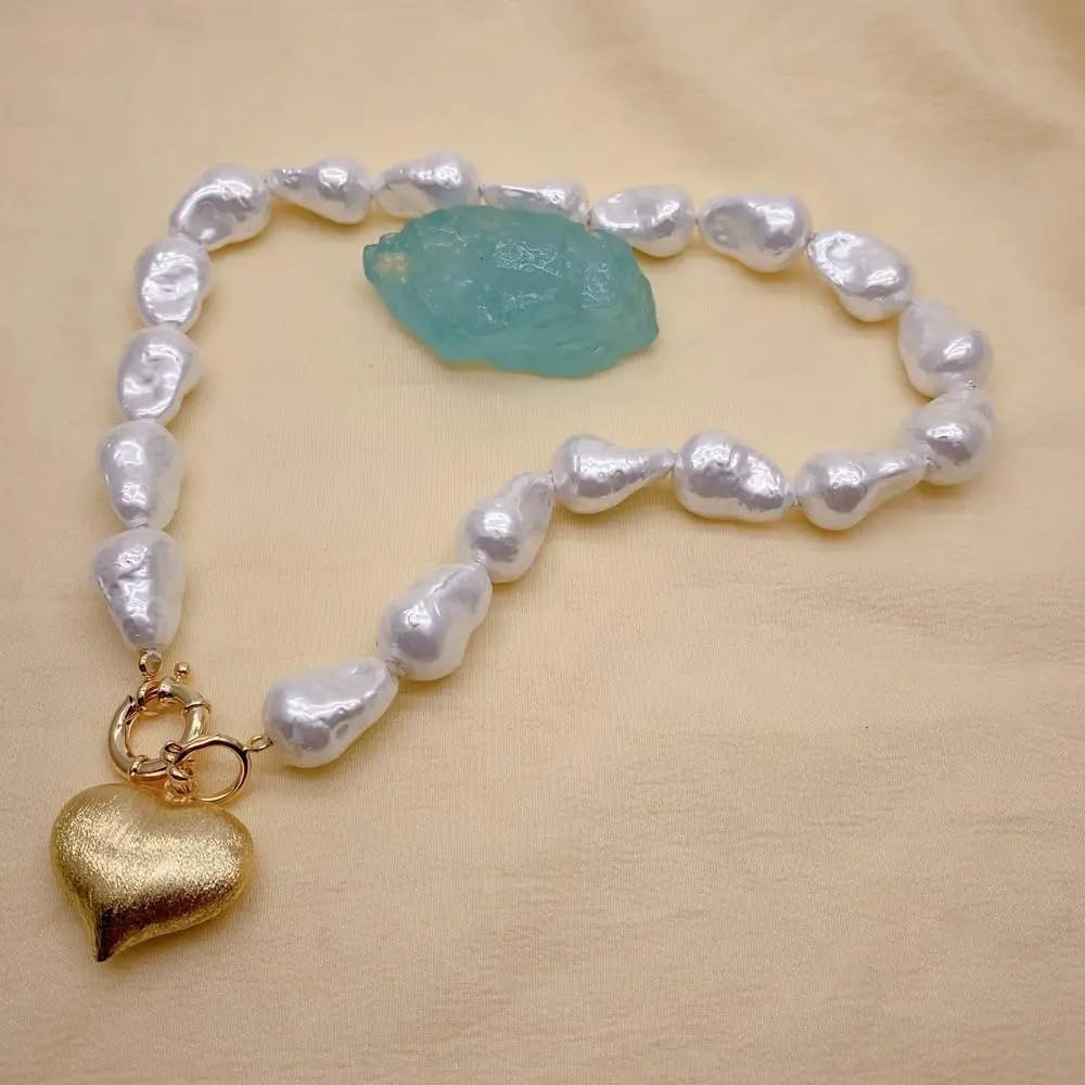 Baroque White Sea Shell Pearl Necklace with Brushed Gold Heart Pendant, 15x22mm Pearls, 30x26mm Pendant