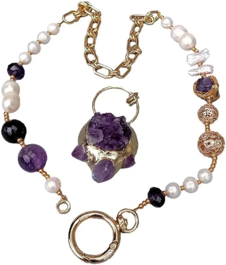 Handcrafted Natural Amethyst Druzy Pendant Necklace, Gold Plated Chain with White Cultured Pearls, Purple Crystal Statement Jewelry