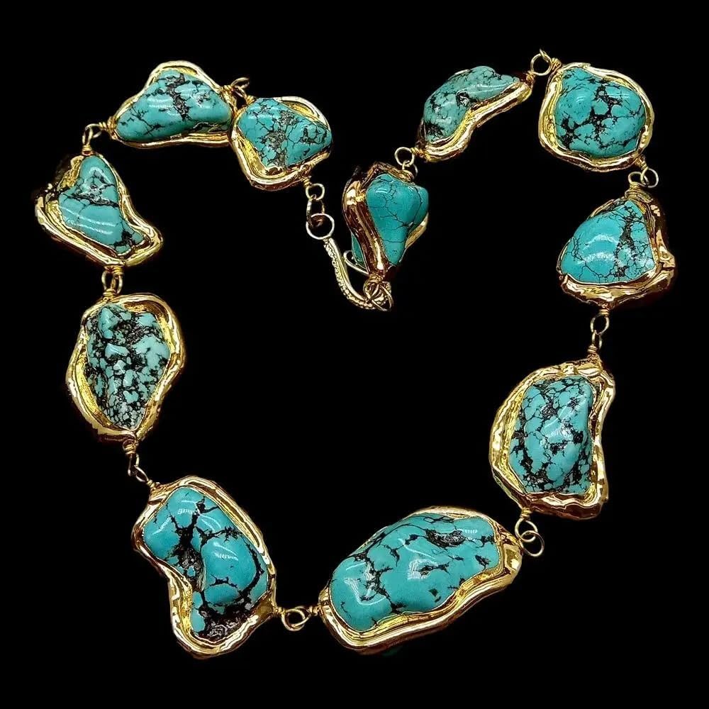 Handcrafted Turquoise Nugget Necklace, Blue Freeform Stone, Gold Electroplated Edge, 25x28mm, Ethnic Style Choker for Women