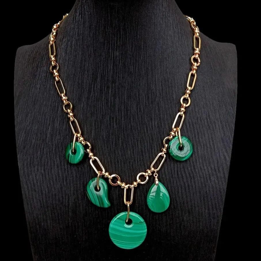 Natural Green Malachite Charm Pendant Gold Plated Chain Necklace | 30mm x 20mm x 18mm, Choker Style, for Women, Stone Pendant, Gold Plated Chain