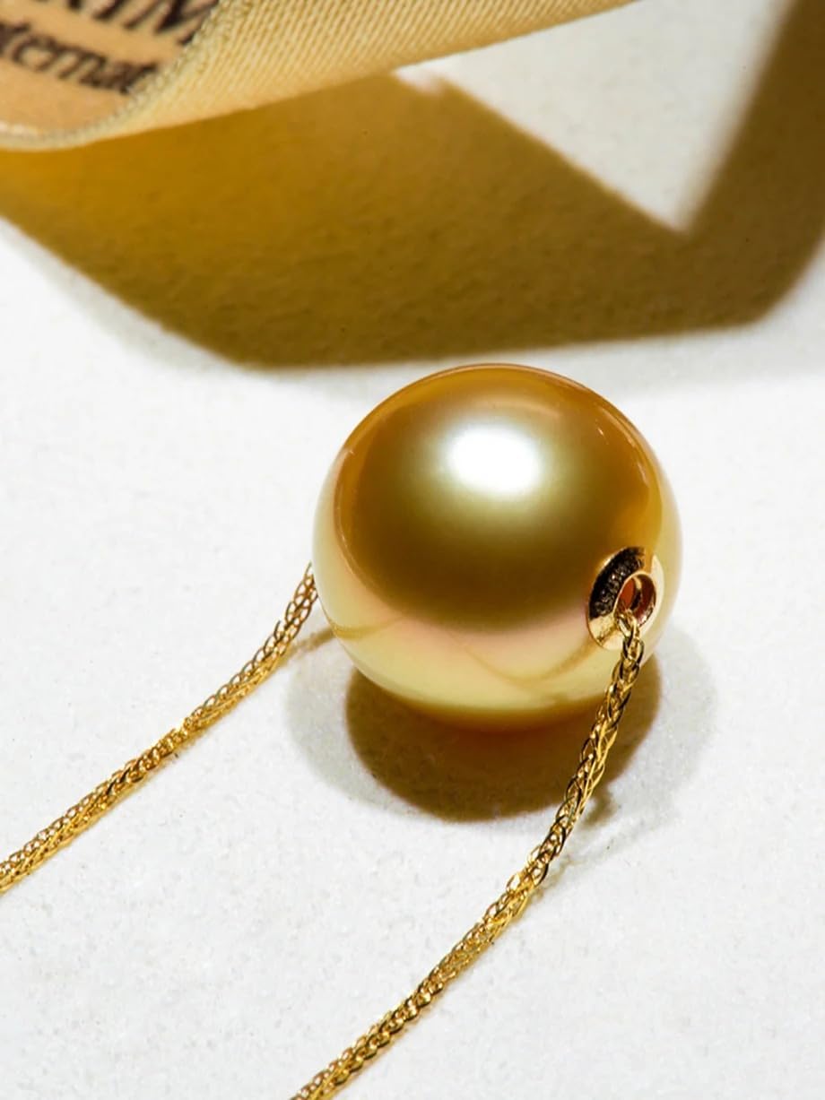 Natural South Sea Pearl Pendant Necklace, 13-14mm Golden Pearl, 18K AU750 Gold Chopin Chain