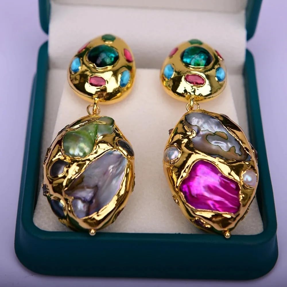 Baroque Pearl Drop Earrings, Gold Plated Multi-Gemstone Statement Jewelry, Handmade Tourmaline Shell Pearl, 25x35mm(tooth shell bead) Length: 2.6"//6.6cm, Semi-precious Stone, No Gemstone