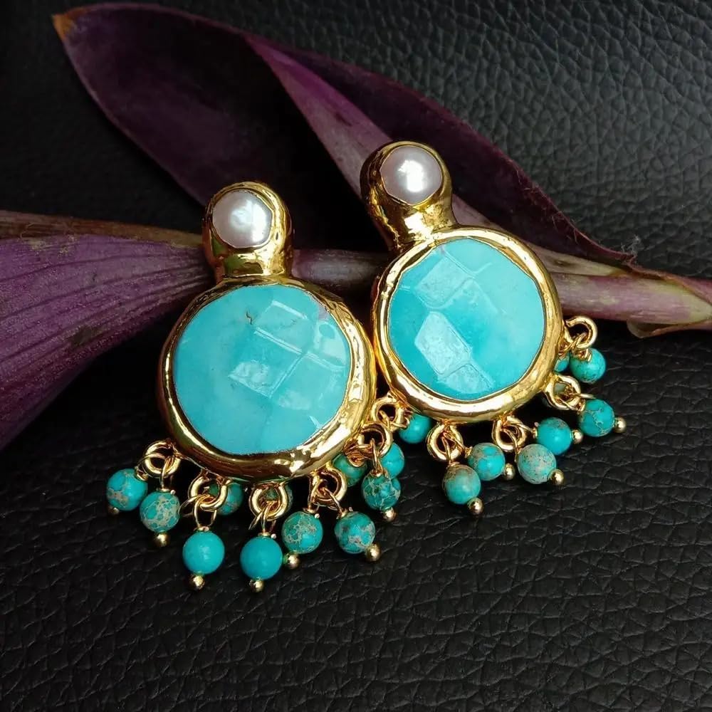 Elegant Gold Plated Turquoise Pearl Dangle Stud Earrings, 22mm, Blue Stone with Pearl Accent, Chandelier Style