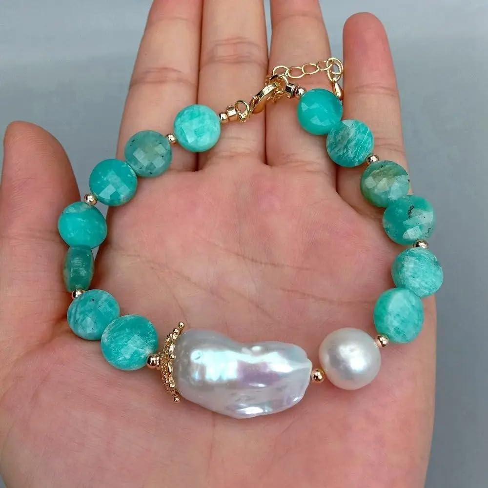Freshwater Cultured White Keshi Baroque Pearl & Amazonite Bracelet | Pearl Size,, Natural Green Stone, Peruvian Amazonite, Beaded Design