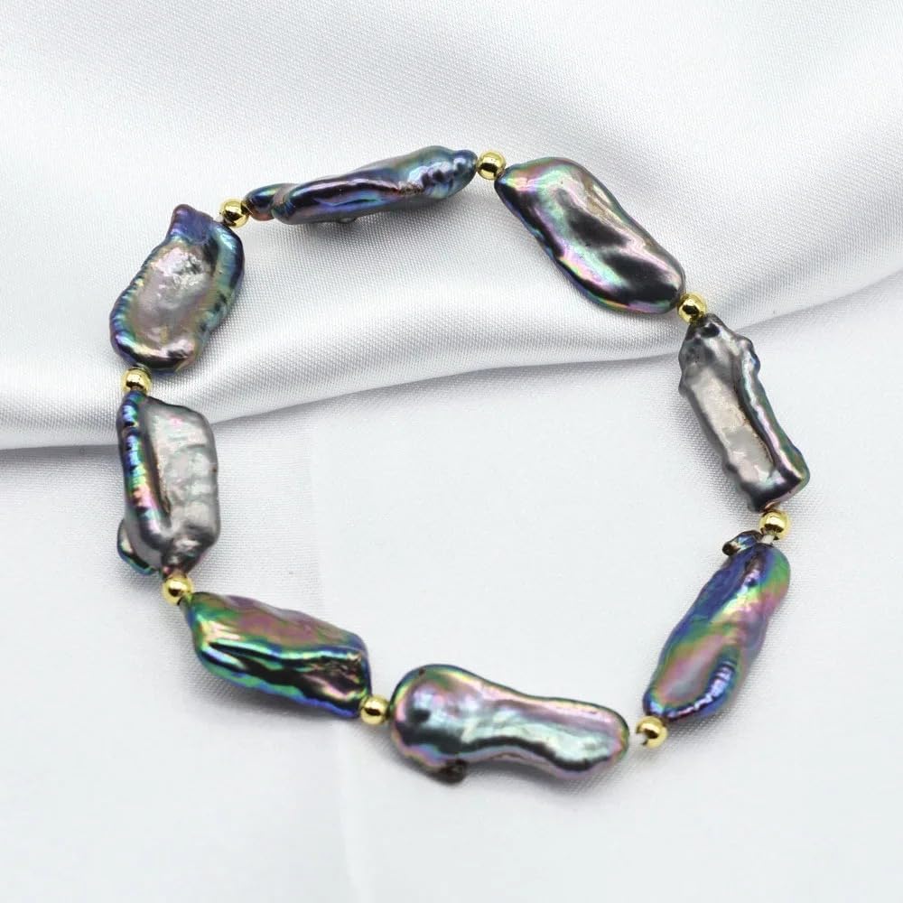 Genuine Black Baroque Freshwater Pearl Stretch Bracelet, Multicolor Iridescent