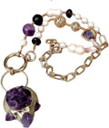 Handcrafted Natural Amethyst Druzy Pendant Necklace, Gold Plated Chain with White Cultured Pearls, Purple Crystal Statement Jewelry