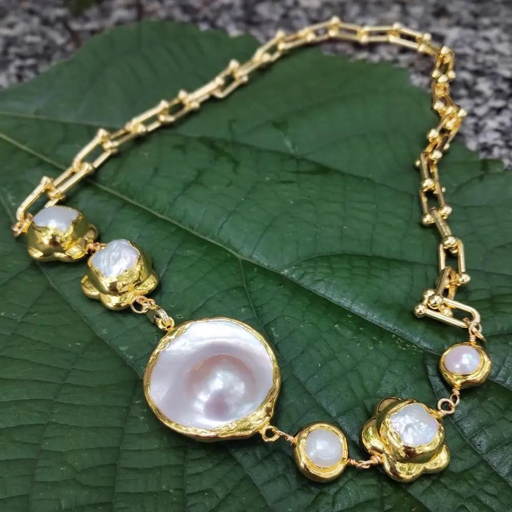 Elegant Pearl Necklace, Gold-Toned Chain with 32mm Gray Mabe Pendant, 20mm White Cultured Pearl Flower Collar