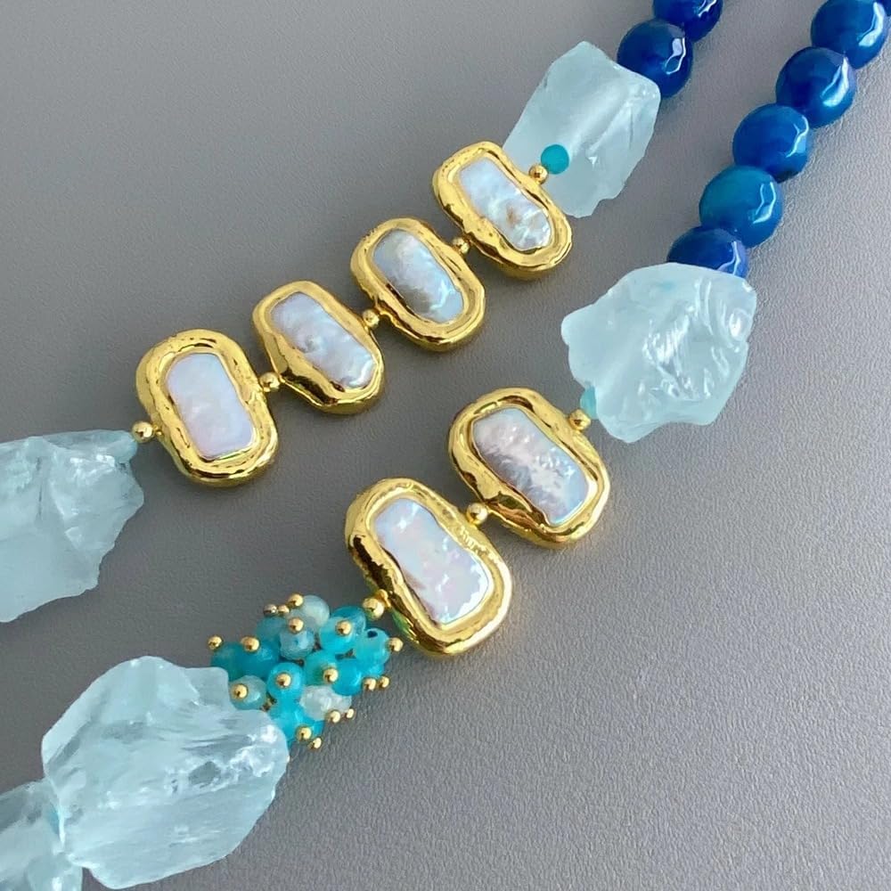 Raw Aquamarine Blue Agate Baroque Pearl Beaded Necklace