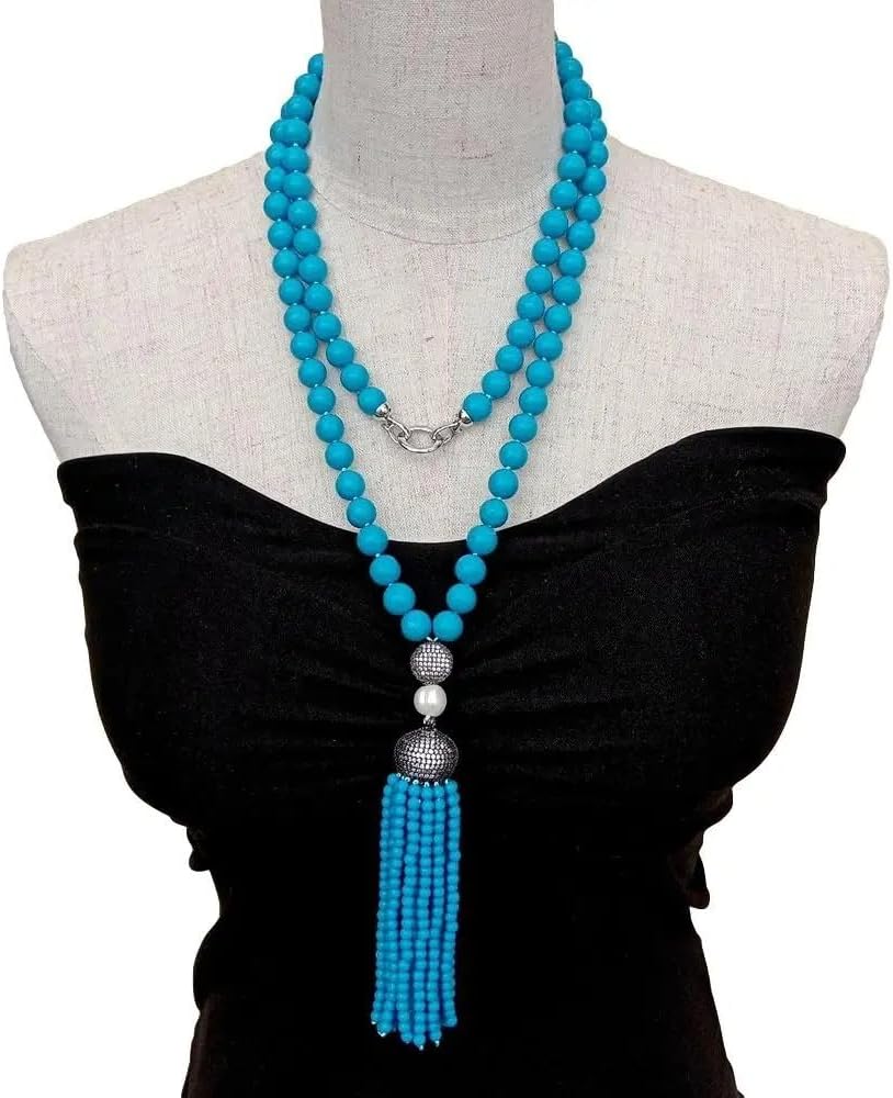 10mm Blue Turquoise Long Necklace with Cubic Zirconia Pave Pearl Tassel